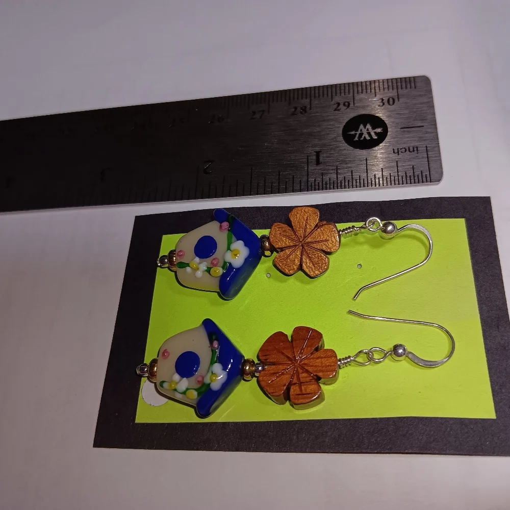 Charming Blue and White Birdhouse Silvertone Glass & Wood Pierced Earring NWOT
